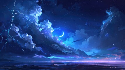 Fototapeta premium Night sky with storm clouds, lightning, stars, and a serene crescent moon above a glowing horizon.