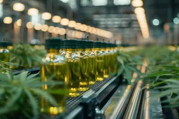 Cannabis oil bottles lined up in rows at a manufacturing facility.