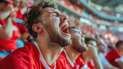 Men soccer fans in red and white crying on the stadium because their team lost.