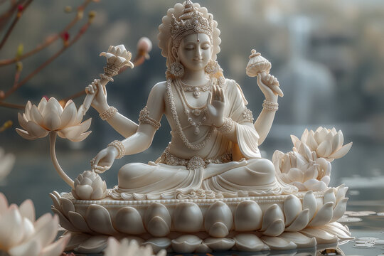 Miniature Saraswathi statue sitting on the lotus, natural lighting, soft focus background