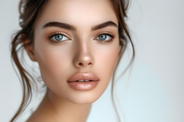 Naklejka premium Close up portrait of a beautiful young woman with brown hair and blue eyes