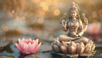 Fototapeta premium Miniature Saraswathi statue sitting on the lotus, natural lighting, soft focus background