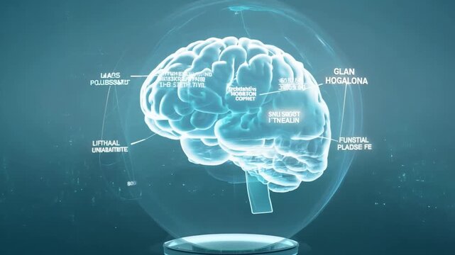 A hologram of the human brain is showcased in a modern laboratory featuring advanced technology and interactive displays, highlighting innovative research efforts.