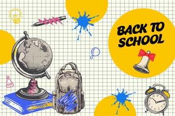 Back to school trendy halftone collage with doodles on a checkered paper background. Books, backpack, globe, watch, stationery. Concept of learning, knowledge, school.