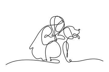 Girl with a dog in continuous line art drawing style. Pet lover black linear sketch isolated on white background. Vector illustration