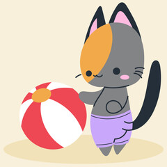 Cute kawaii cat on beach in cartoon, flat, doodle, simple style. Design element for posters, postcards, greeting cards, wallpapers, children's clothes, fabrics, t-shirts, logos