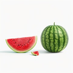 Medium shot of whole watermelon near the sliced piece of watermelon, isolated on a white background 