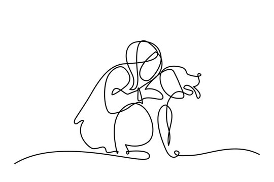 Girl with a dog in continuous line art drawing style. Pet lover black linear sketch isolated on white background. Vector illustration