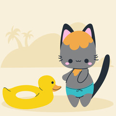 Cute kawaii cat on beach in cartoon, flat, doodle, simple style. Design element for posters, postcards, greeting cards, wallpapers, children's clothes, fabrics, t-shirts, logos