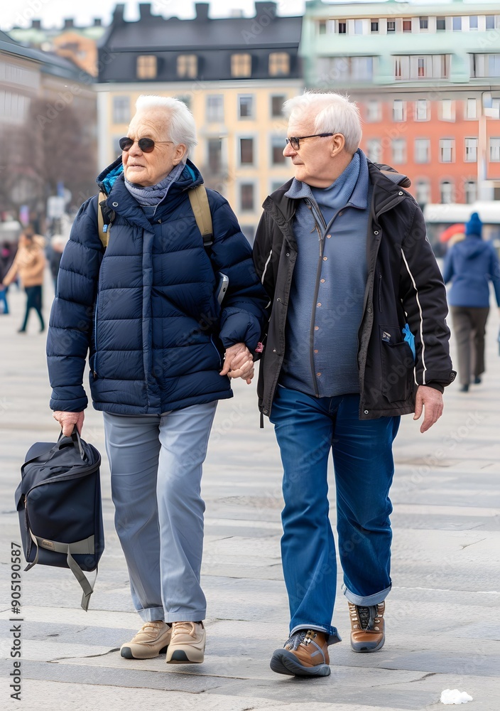 Wall mural Elderly Couple Walking Hand in Hand Through a European City