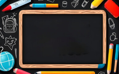 chalkboard with copy space drawings icons on a school theme
