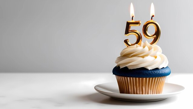 Golden Candle Number 59 on Blue Cupcake with White Frosting
