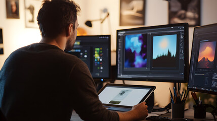 A digital artist creates stunning artwork at a desk with multiple monitors, focused on a tablet and surrounded by art supplies in a cozy workspace