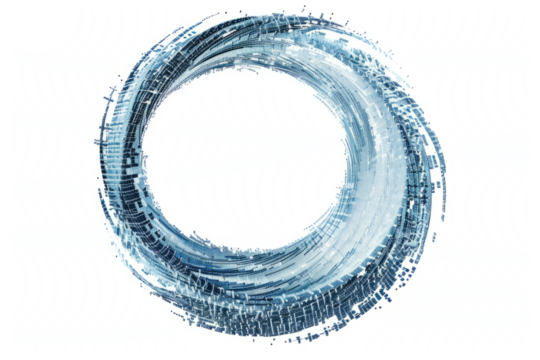 abstract with a wavy circle made from digital pixels, suggesting a connection to technology, on a white background