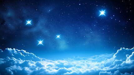 Naklejka premium A night sky filled with a myriad of stars, some of which are shining brighter than others. The stars are scattered across the deep blue expanse, with some appearing closer to the viewer