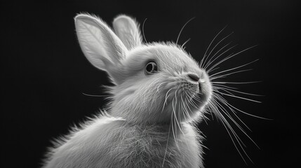 Obraz premium White rabbit with soft fur, detailed whiskers, and alert eyes on a pitch-black background