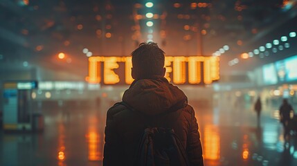 Man Standing Alone in Airport Terminal Glancing at Departure Board
