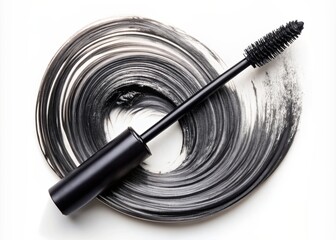 Close-up of a circular black mascara texture with bold brush strokes isolated on a clean white background, creating a dynamic and modern aesthetic.