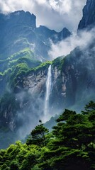 Waterfall Flowing Through Lush Green Mountain Valley