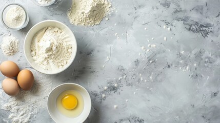 Baking ingredients including flour and eggs on a gray countertop