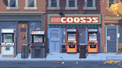 Pixel art retro arcade with a closed sign, gumball machines, and a game machine, set in a calm urban scene.