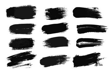 Strokes of black paint, brush, roller, spatula. Collection of brushes Smears of paint on a white background for your design