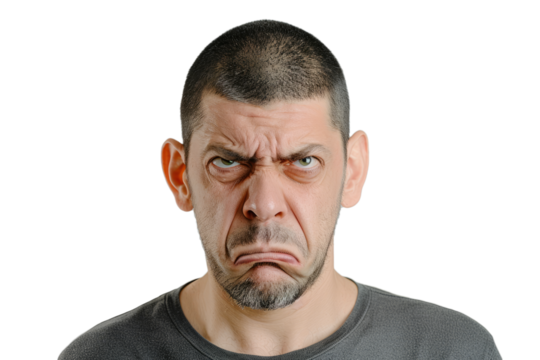 Facial expression of a man grimacing, internal turmoil or psychological pain, isolated on white.