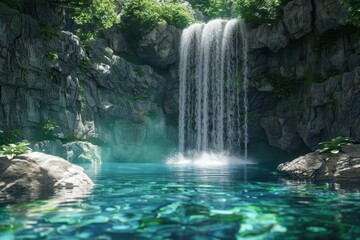 Naklejka premium Tranquil Waterfall Plunging into a Lush Pool