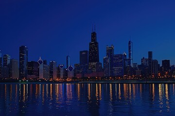 Naklejka premium Chicago's Skyline Illuminated at Blue Hour