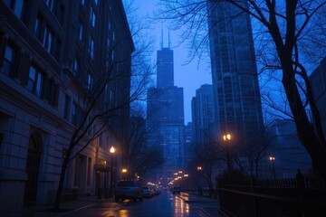 Fototapeta premium Dusk Over Chicago: Towering Cityscape