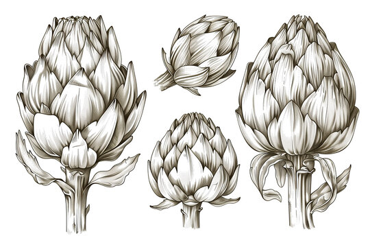 Collection of hand drawing artichoke ink sketch. Engraving style vector illustration.