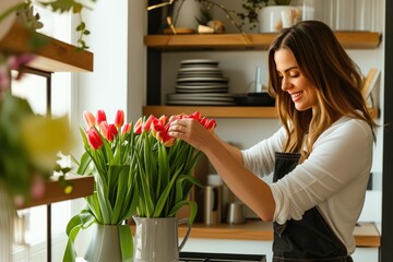 Happy woman enhancing her space with fresh tulips