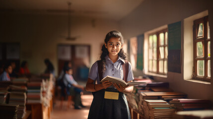 Indian student girl holding books standing at class