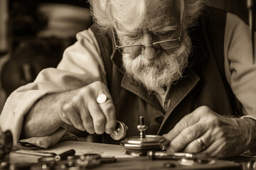 A serene, sepia-toned image of an elderly watchmaker carefully winding a pocket watch.