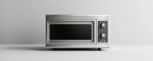 Obraz premium Sleek stainless steel microwave on a minimalist countertop, ideal for modern kitchens and convenient cooking solutions.