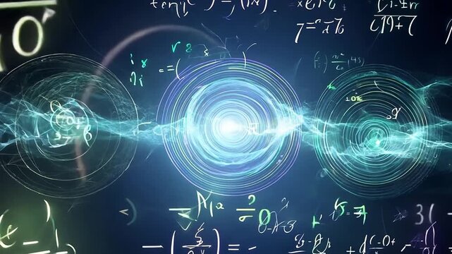 A physics background zooms in on the viewer with different formulas and letters.