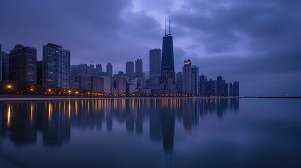 Obraz premium Twilight in Chicago: Skyscrapers and Evening Reflections
