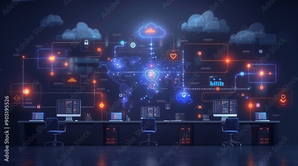 Poster advanced data analytics display in a modern tech office environment at night