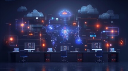 Advanced Data Analytics Display in a Modern Tech Office Environment at Night
