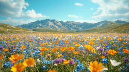 Fototapeta premium wildflowers grow in the field and bees fly in sunny weather, with mountains in the background