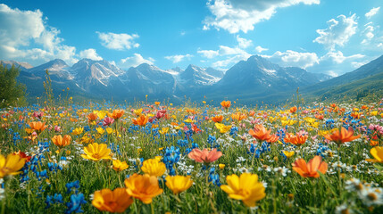Fototapeta premium wildflowers grow in the field and bees fly in sunny weather, with mountains in the background