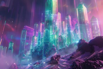 Crystal Cityscape with Purple and Green Glowing Lights