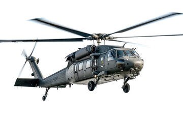 Fototapeta premium Army Chopper in Mid-Flight Over White Backdrop
