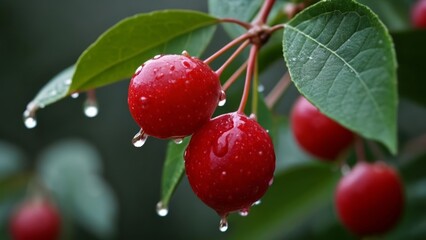  Ripe cherries glistening with morning dew