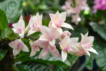 Obraz premium Vibrant lilies in a garden at twilight, capturing the enchanting glow and serene beauty of floral landscapes at dusk.