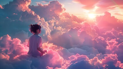 Obraz premium A Young Person Meditates on Soft Pink Clouds at Sunrise in a Dreamlike Sky