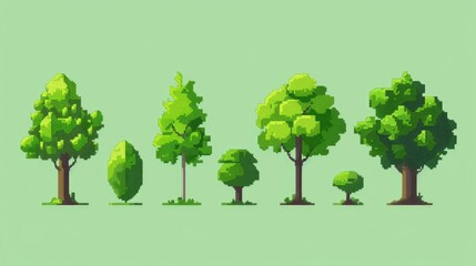 Fototapeta premium Set of pixel art trees in vibrant green, styled in nostalgic 8-bit graphics, capturing minimalist natural beauty.