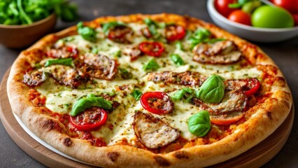  Freshly baked pizza with vibrant toppings ready to be enjoyed