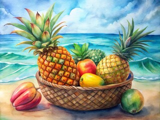 Vibrant arrangement of exotic tropical fruits such as pineapples, mangoes, and kiwis in a colorful wicker bowl on a serene sea beach with turquoise waves.