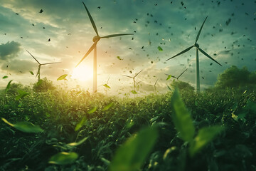 An illustration depicting green energy solutions, highlighting the transition to renewable energy sources such as wind turbines, solar panels, and hydroelectric power. The scene emphasizes sustainabil